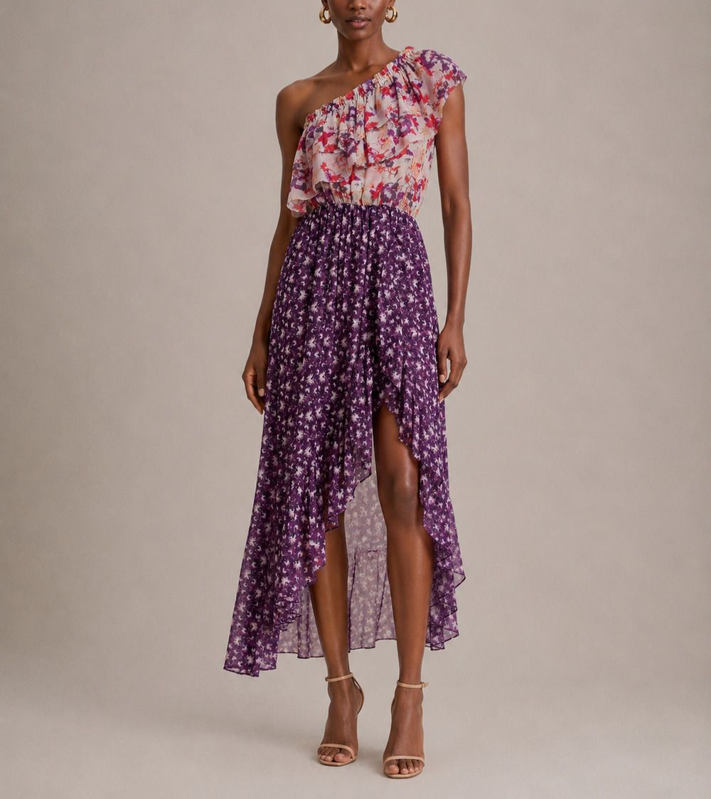 MISA Los Angeles Carina Floral Chiffon One Shoulder Asymmetrical Midi Dress XS